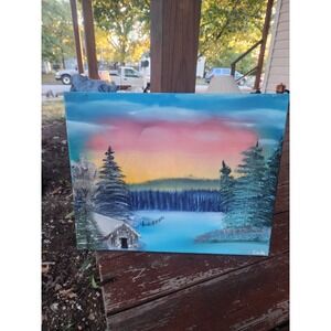 Vintage Original Oil Painting On Canvas,‎ Winter Frost Sunset Landscape, Signed